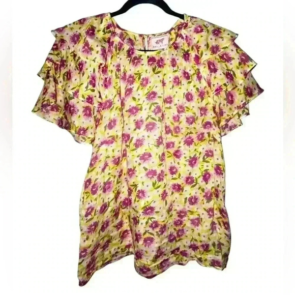 Banjanan Andrea pink yellow ruffle sleeve floral top size medium - Picture 3 of 6